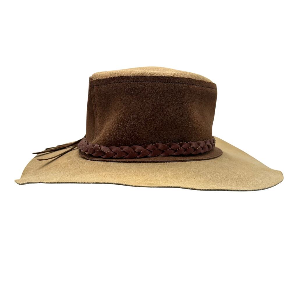 Vintage Suede Wide Brim Bolero Hat Braided Tan Leather Band Size 6 3/8 51cm - Picture 5 of 10